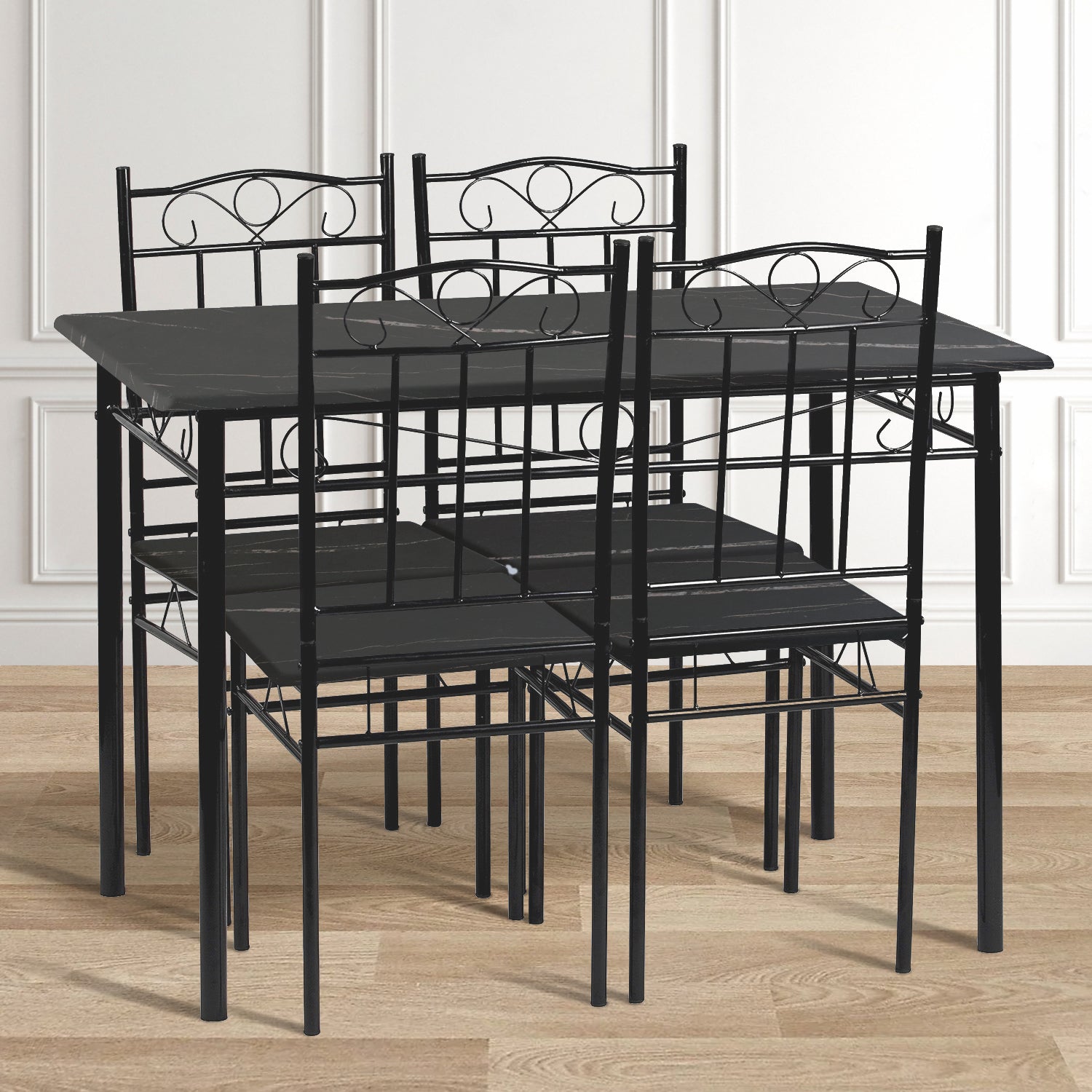 NORSEMAN Marbling Table à Manger 5 Pièces avec 4 Chaises - 109 * 69 * 75cm - Blanc/Noir/Brun clair
