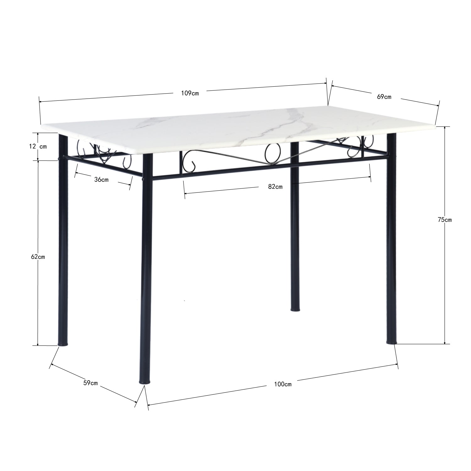 NORSEMAN Marbling Table à Manger 5 Pièces avec 4 Chaises - 109 * 69 * 75cm - Blanc/Noir/Brun clair