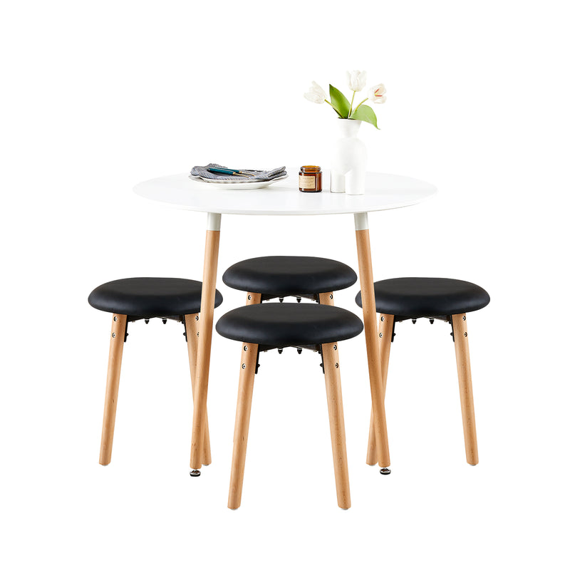 RONALD - Ensemble table à manger blanche élégante et 4 tabourets en simili cuir noir